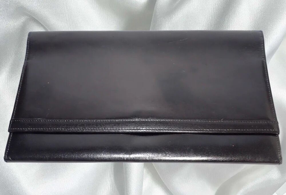 Vintage Koret Foldover Envelope Black Leather Evening Purse Clutch Bag 10" x 6"